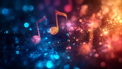 Glittering Sound Notes Drifting Through Neon Stardust Night.