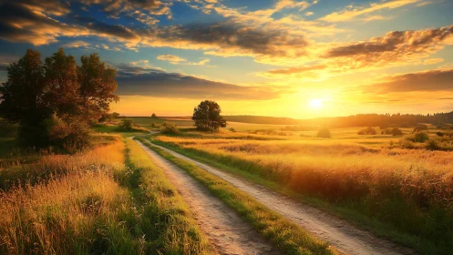 Rural dirt track crossing golden meadow under low sunset sky
