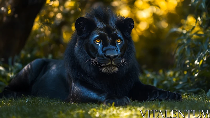 Black lion resting on grass in sunlit forest clearing.