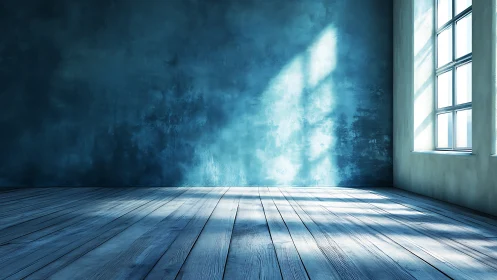Sunlit blue room where quiet floorboards drink daylight.
