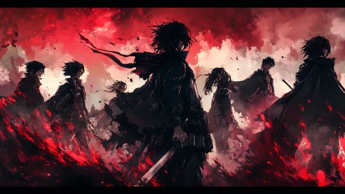 Storm of shadowed warriors walking through crimson dusk.