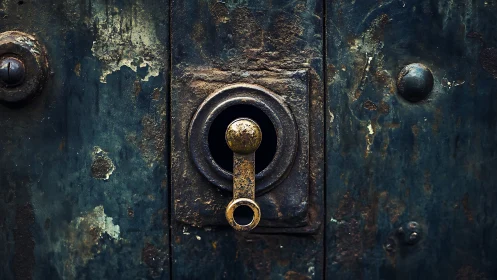 Rust-scarred iron lockplate guarding forgotten metal secrets.