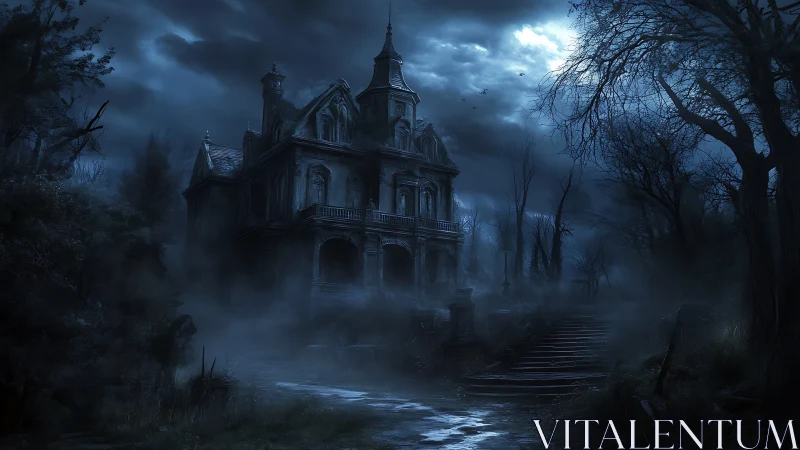 Moonlit haunted mansion looms above a fog-choked forest