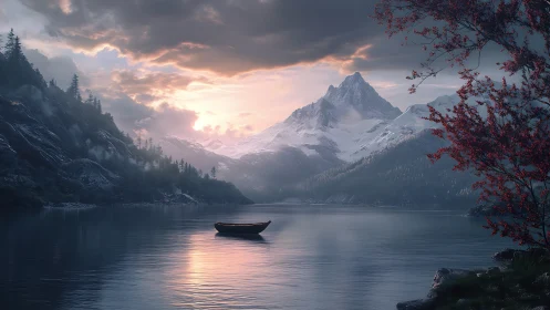 Solitary wooden boat rests on alpine lake at atmospheric dusk