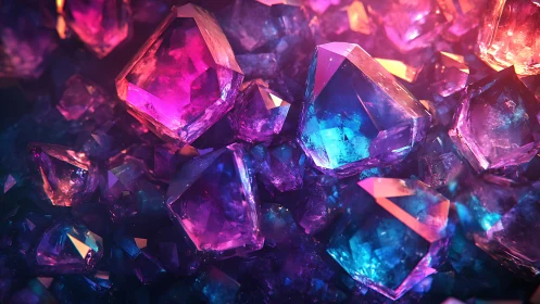 Shimmering neon crystals glowing in a dreamy twilight haze.