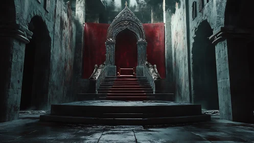 Majestic stone throne hall wrapped in rich crimson drama.