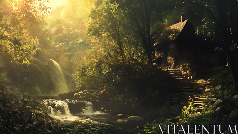 Sunlit forest waterfall frames stone stairway and cabin