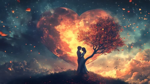 Silhouetted couple beneath fiery tree with cosmic heart-shaped moon