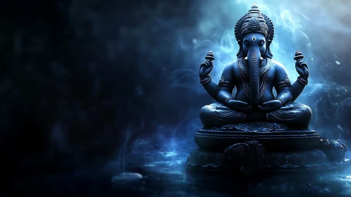 Blue digital Ganesha statue in mystical smoky light.