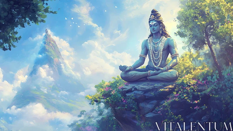 Blue-skinned meditating figure sits on rocky ledge in clouds