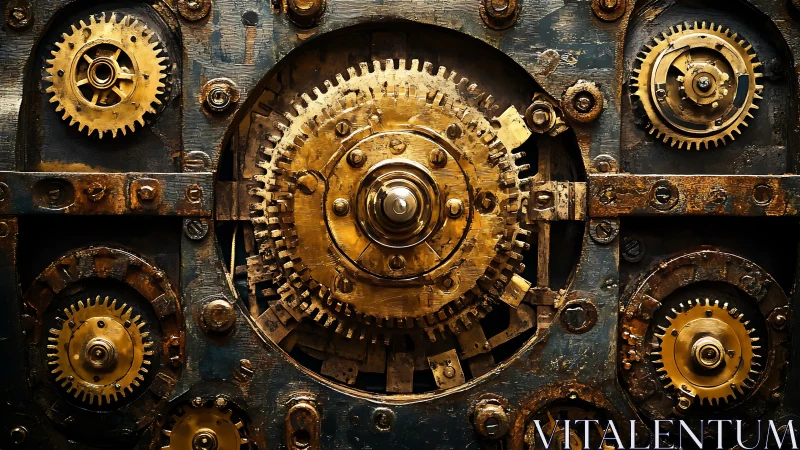 Brass clockwork heart turning inside a weathered iron vault.