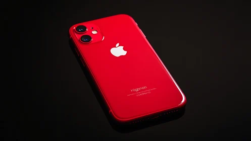 Red iPhone 11 with dual camera system positioned on black background.