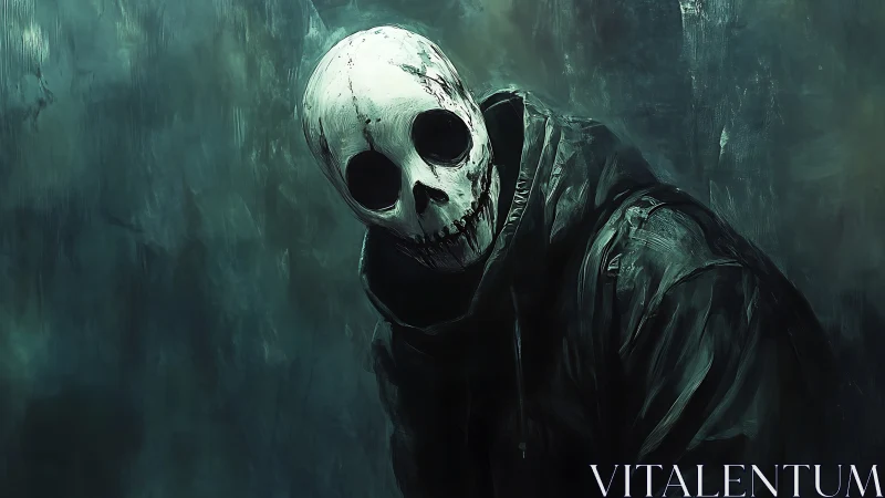 Hooded skull figure leans in shadowed green void