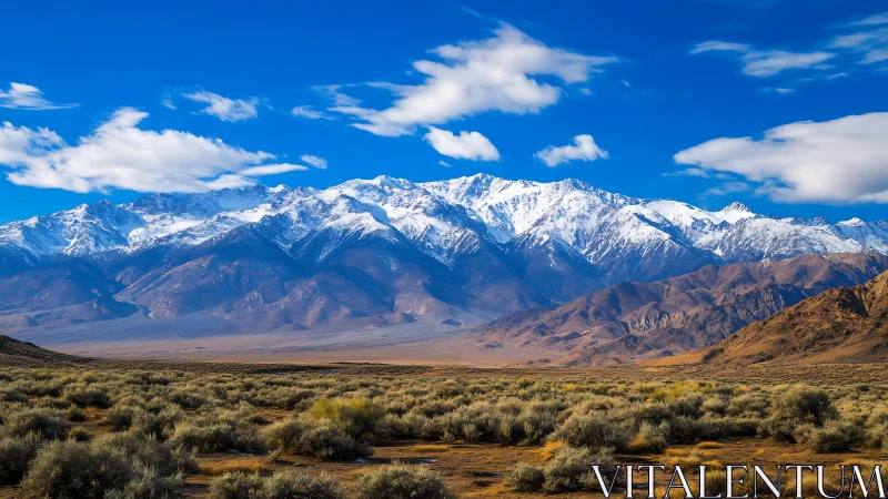 Snowy mountain range rising above a quiet desert valley.
