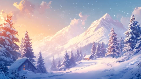 Radiant alpine snowfall with illuminated cabins at dusk.