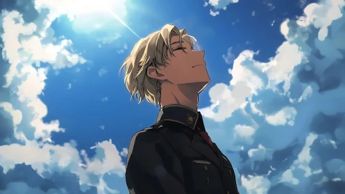 Blond anime boy in uniform under bright blue sky.