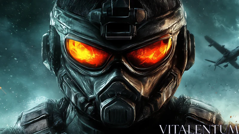 Armored soldier helmet with molten visor glow in aerial battle field