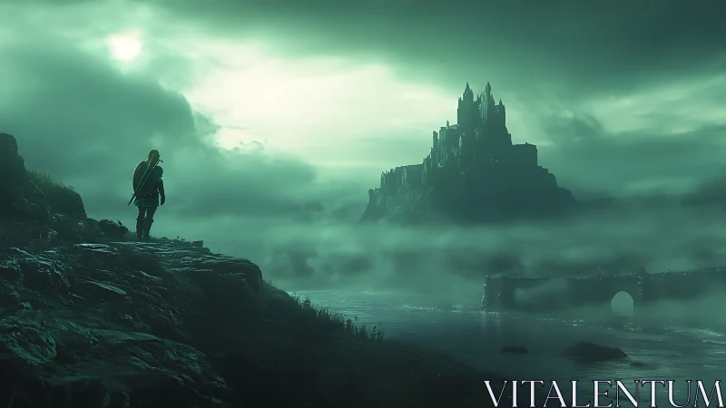 Solitary figure observing distant fortress across water.