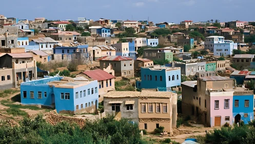 Colorful hillside settlement with clustered flat-roof homes.