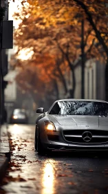 Silver Mercedes SLS AMG on rain-soaked urban street in autumn