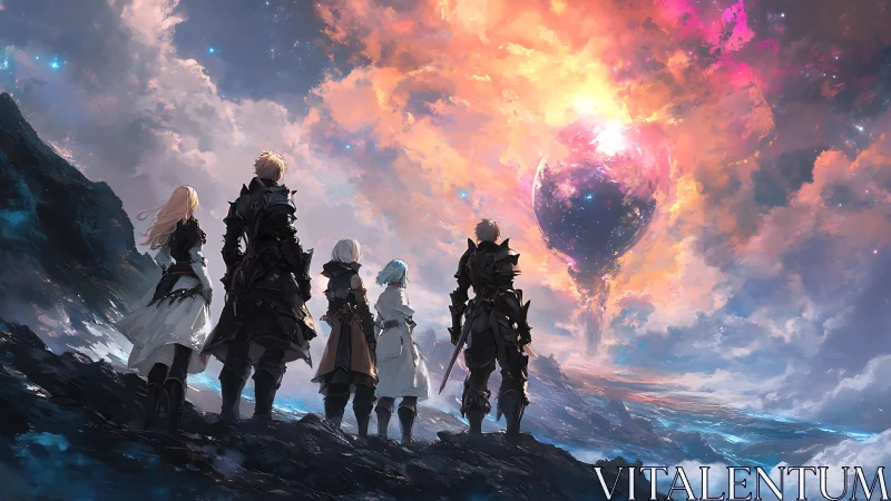 Adventurers watch a burning celestial world reshape the sky
