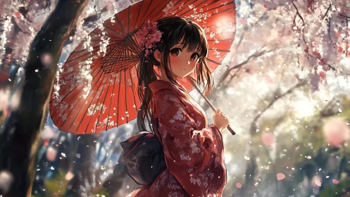 Girl under red parasol strolling through soft spring blossom.