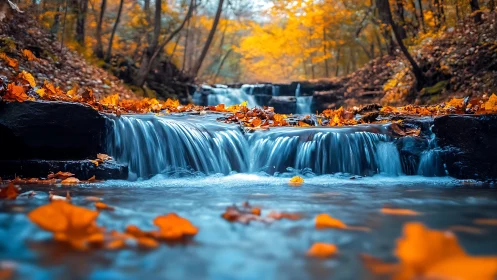 Golden autumn creek cascades through a tranquil woodland