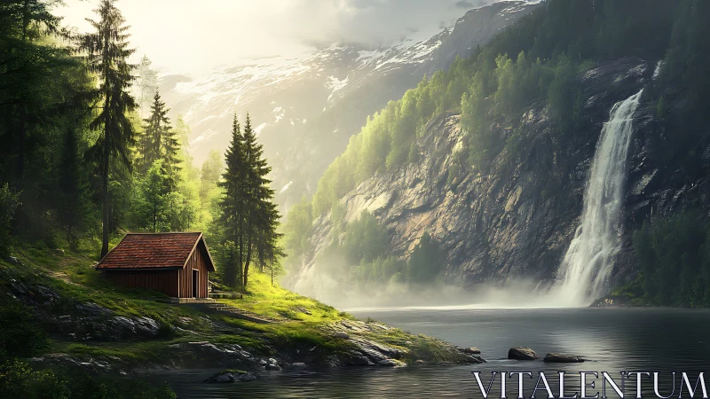 Morning light welcomes a quiet cabin by a misty waterfall