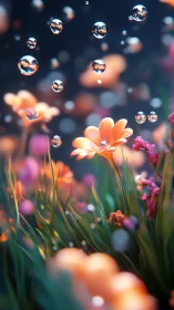 Water droplets refract colorful florals in dreamy light.