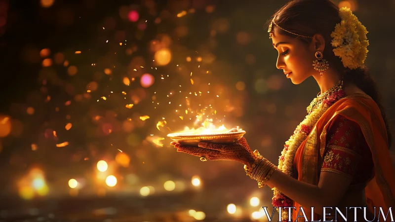 Woman holds glowing diya during night festival ritual