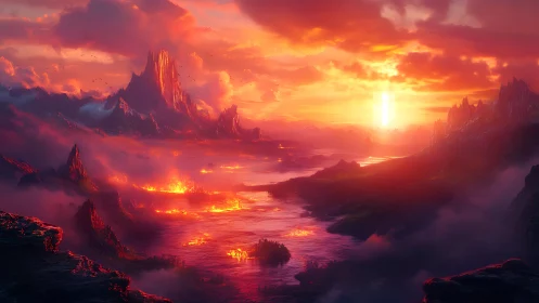 Infernal sunrise over molten valleys in a dreaming world.