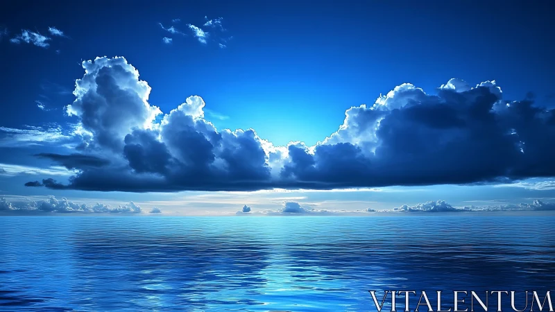 Luminous blue clouds over tranquil reflective ocean horizon.