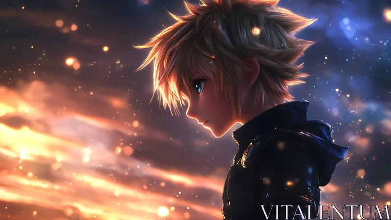 Profile view of spiky haired anime boy in high contrast bokeh lighting