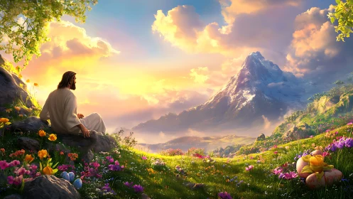 Figure in white seated in floral valley before sunlit peak.