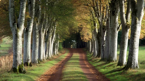 Photographic tree-lined country lane with axial perspective.