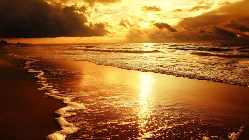Golden shoreline sunset where waves whisper goodnight.