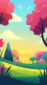 Stylized Landscape with Layered Trees and Warm Sky