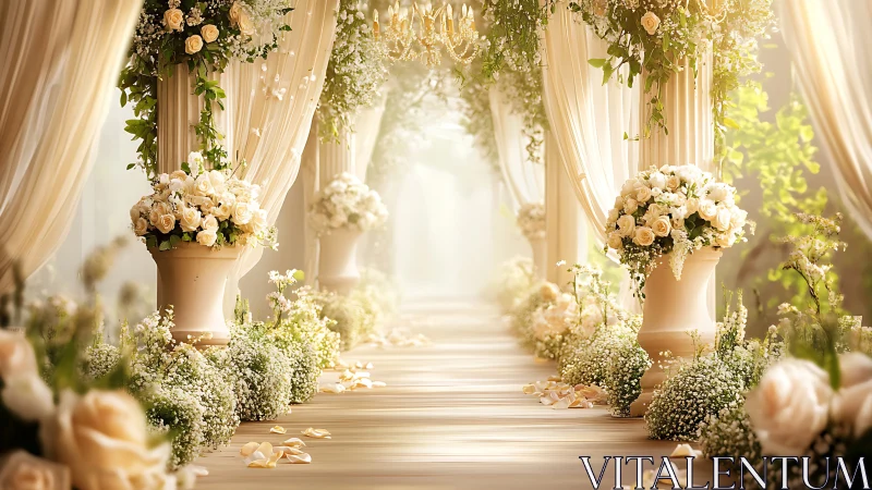 Luxurious wedding aisle framed by ivory florals and soft bokeh light