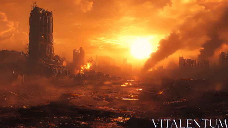 Urban skyline appears destroyed under intense orange sunset
