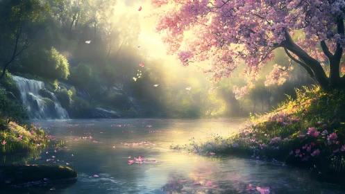 Sunlit blossom river drifts quietly beneath glowing forest sky