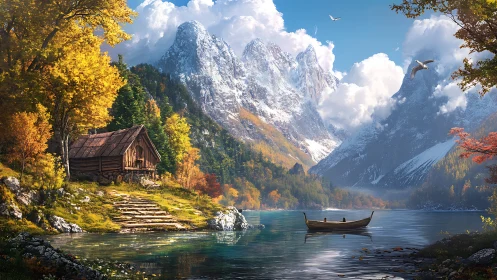 Autumn lakeside cabin with wooden boat and alpine peaks at dawn
