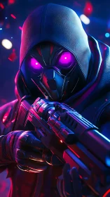 Hooded armored figure with rifle holds weapon in neon light