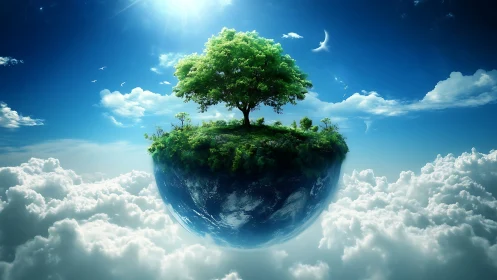 Floating terrestrial sphere with luminous tree above stratocumulus