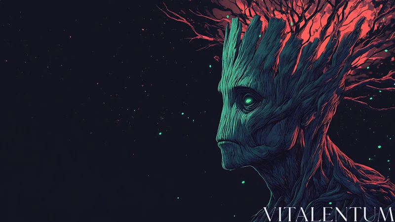 Tree-like humanoid profile with glowing eye in space field.