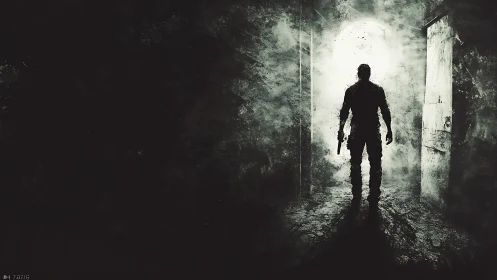 Armed lone figure stands in dark hallway toward doorway.