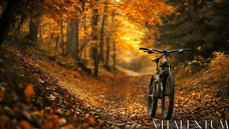 Mountain Bike Rests on Autumn Trail Among Golden Trees.