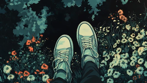 Digital painting of sneakers suspended above wildflower verge.