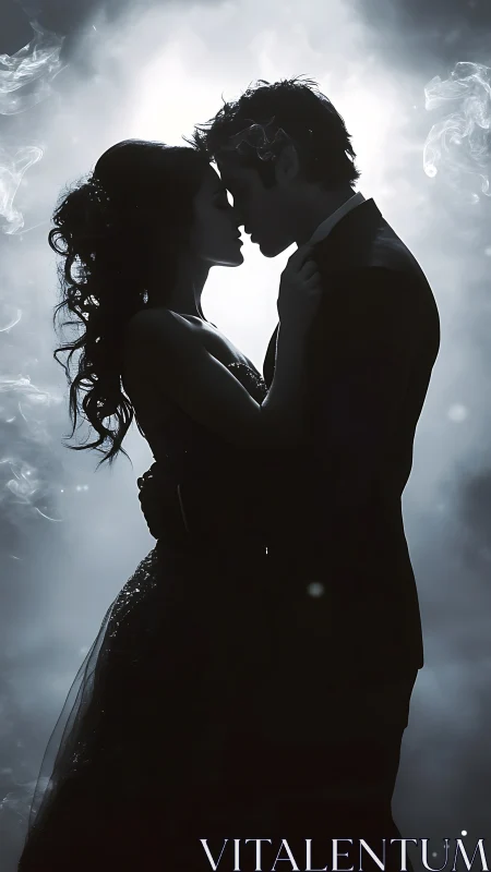 Silhouetted Couple Embracing Against Luminescent Atmospheric Backdrop.
