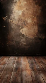 Weathered wood floor and distressed brown wall backdrop.