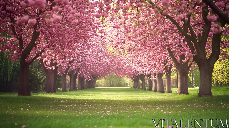 Cherry blossom tree avenue forming a green park tunnel.